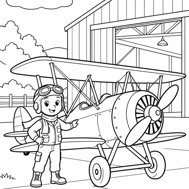 Avião biplano junto ao hangar para colorir