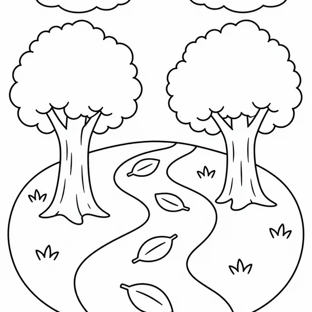 Bosque com caminho de folhas largas para colorir