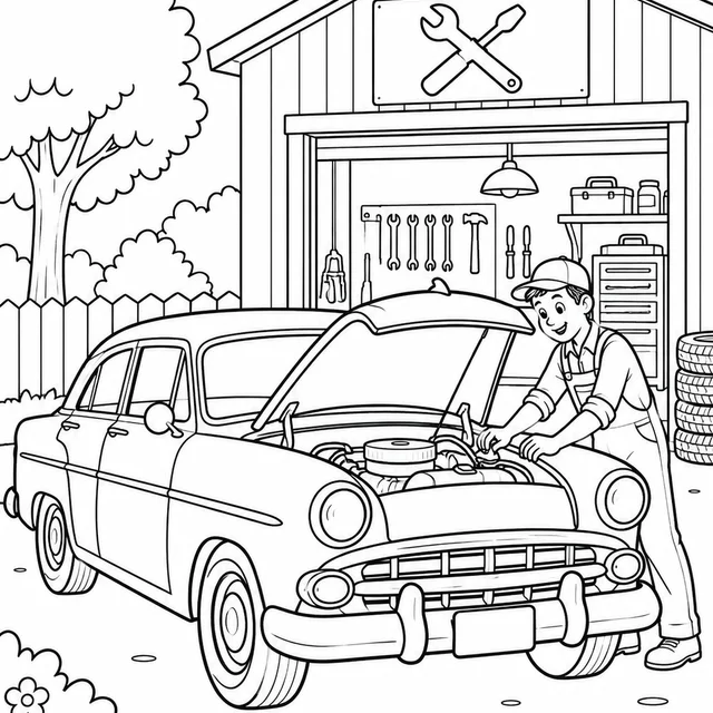 Carro antigo diante de uma oficina para colorir