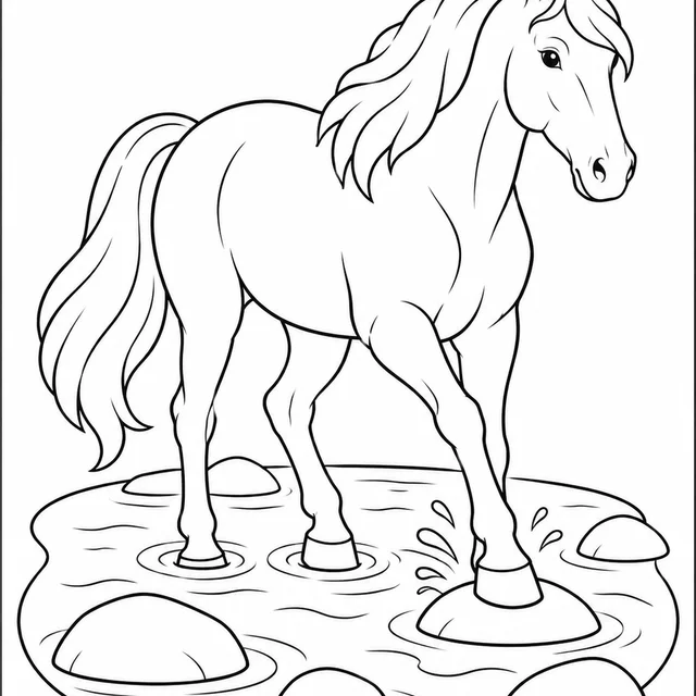 Cavalo cruzando um riacho de pedras para colorir
