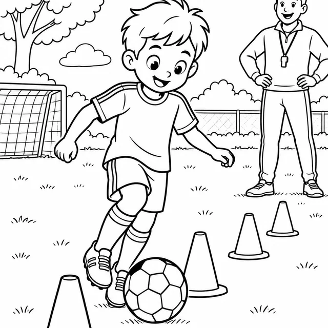 Criança driblando cones no treino para colorir