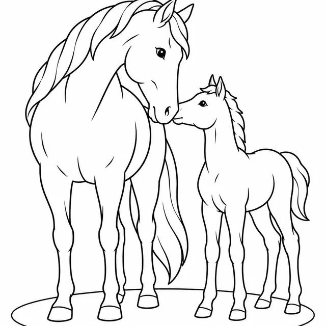 Égua e potrinho encostando os focinhos para colorir