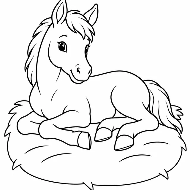 Potrinho deitado numa cama de palha para colorir